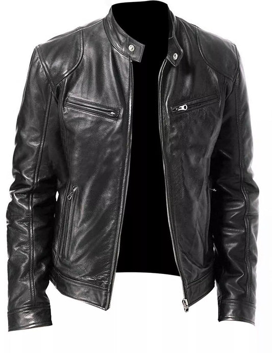 Cafe Racer Biker Leather Jacket Black & Brown Soft Sheep Skin Leather