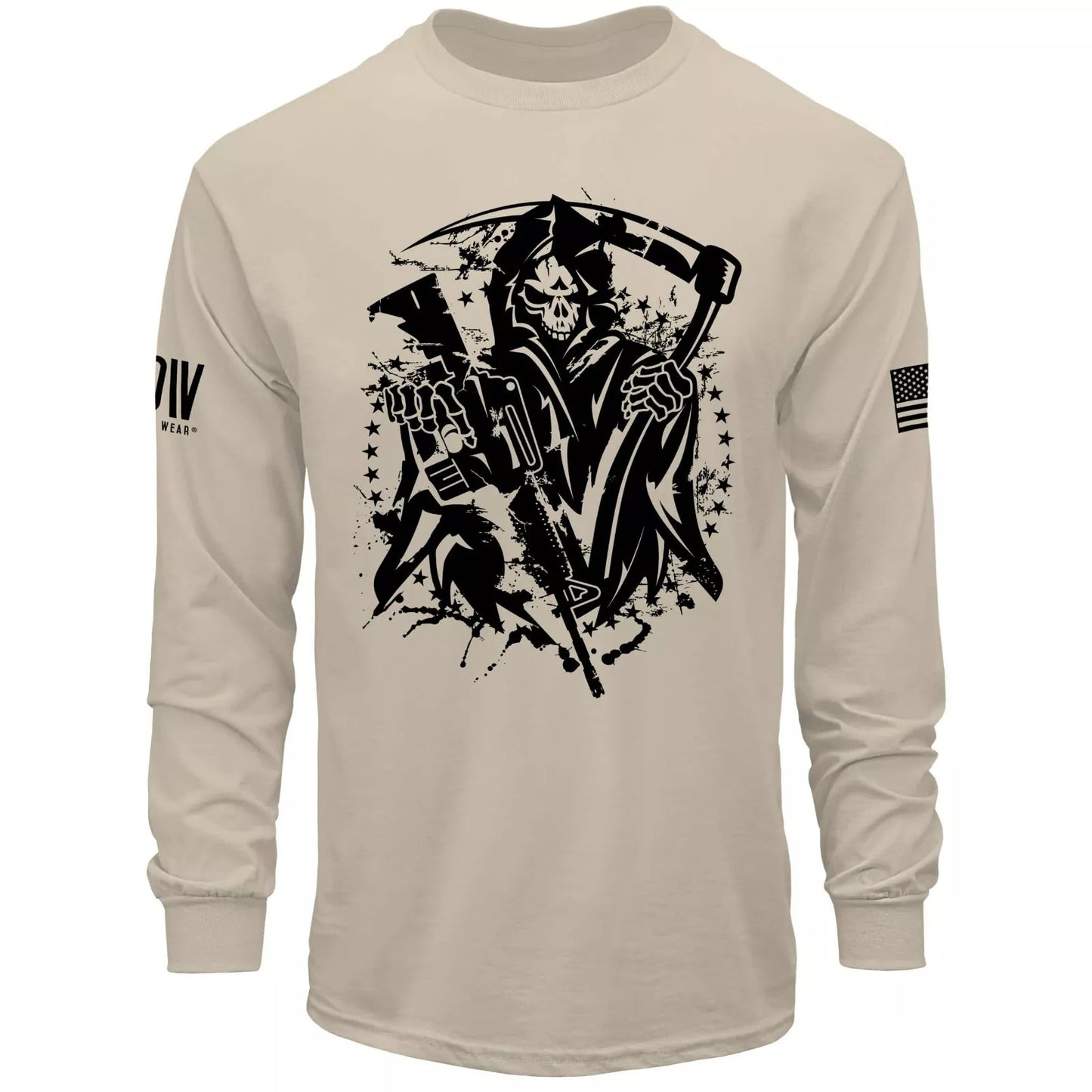 Grim Reaper Mens Long Sleeve Shirt American Flag USA Patriotic Freedom T-Shirt