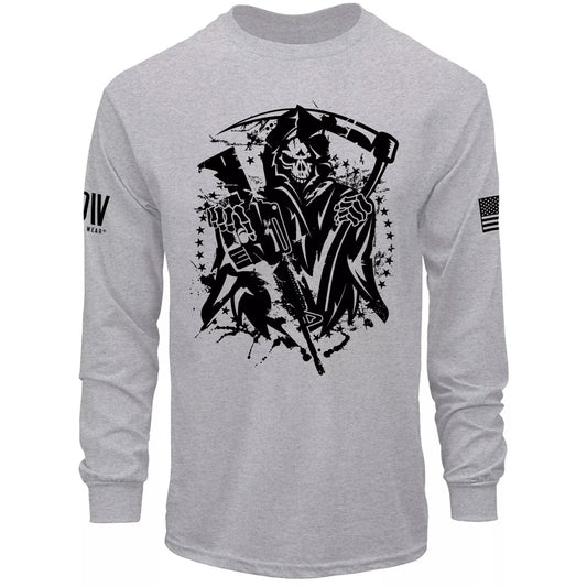 Grim Reaper Mens Long Sleeve Shirt American Flag USA Patriotic Freedom T-Shirt